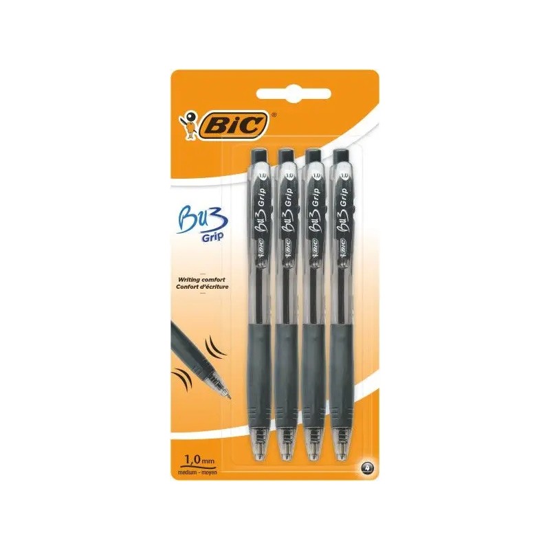 Bic Bu3 Confezione da 4 penne a sfera retraibili - Punta media 1 mm - Tratto 0.32 mm - Impugnatura in gomma - Scrittura 