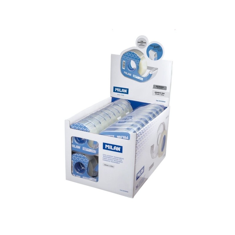 Espositore Milano da 36 nastri adesivi trasparenti con dispenser - Dimensioni 19 mm x 33 m - Colore Trasparente Lucido