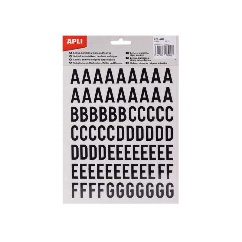 Apli Lettere adesive piccole - Altezza 20 mm - Nero - Confezione da 4 fogli (301 lettere)