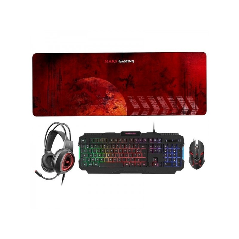 Mars Gaming MCPRGB2 Gaming Combo - Tastiera RGB Rainbow - Mouse RGB Flow 4000DPI - Cuffie RGB Flow - Mousepad XXL - Mass