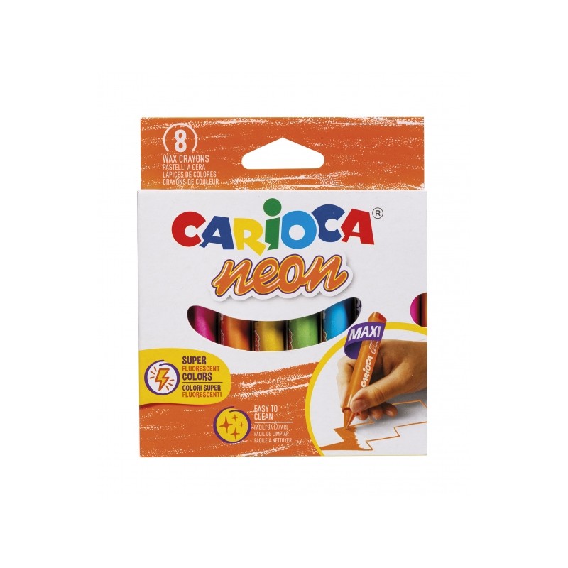 Pastelli a cera Carioca Neon Confezione da 8 pastelli a cera - Corpo triangolare maxi - Colori coprenti - Facile da puli