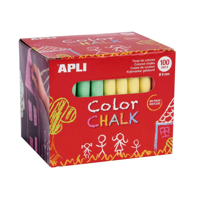 Apli Confezione da 100 gessetti tondi colorati assortiti Ø 9 x 80 mm - Senza polvere - Ideali per scrivere. disegnare e
