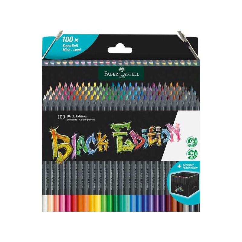 Faber-Castell Black Edition Confezione da 100 matite colorate - mina super morbida - legno nero - ideali per disegnare s