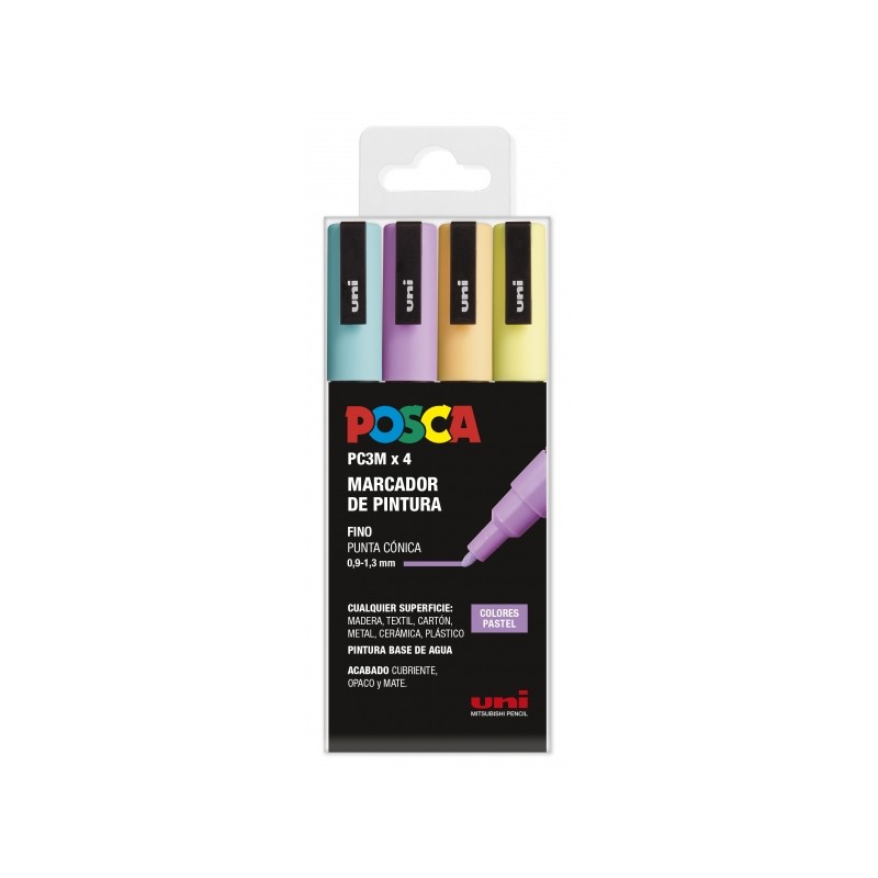 Posca PC3M Confezione da 4 pennarelli - Punta conica 0.9-1.3 mm - Inchiostro a base d'acqua - Resistente alla luce - Non
