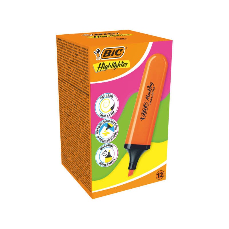 Bic Marking Highlighter Evidenziatore piatto - Punta smussata - Tratto tra 1.70 e 4.80 mm - Inchiostro a base d'acqua - 