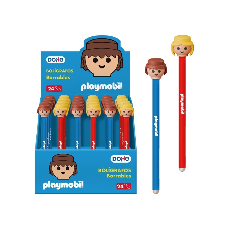 Dohe Playmobil Display di 24 penne a sfera cancellabili - Penna a sfera metallica 1 mm - Linea 0.5 mm - Cappuccio decora