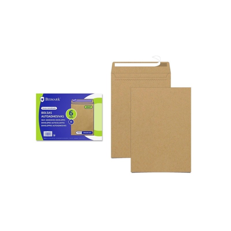 Bismark Confezione da 6 buste in carta Kraft 90gr - Formato 184x261mm - Chiusura autoadesiva - Colore marrone
