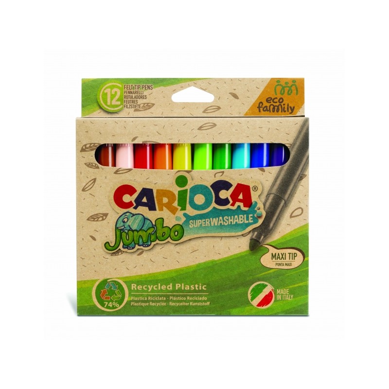 Penna Carioca Jumbo Eco Family 12 - Punta maxi da 6 mm - Inchiostro superlavabile - Cappuccio ventilato - Colori diversi