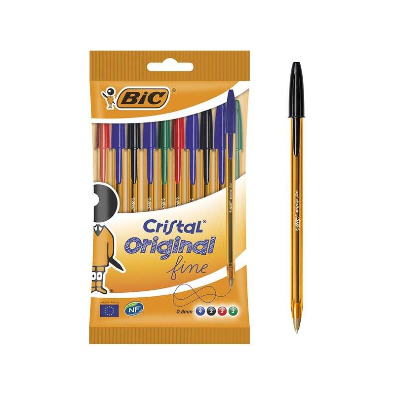 Bic Cristal Original Fine Confezione da 10 penne a sfera - Punta tonda 0.8 mm - Tratto 0.30 mm - Inchiostro a base d'oli