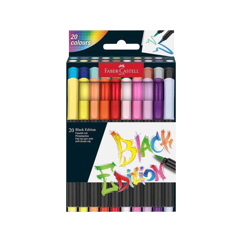 Faber-Castell Black Edition confezione da 20 pennarelli a punta di pennello - Inchiostro per colorazione alimentare - Co