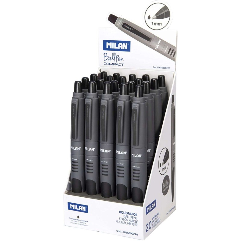 Milan Compact Display da 20 penne a sfera retraibili - Punta tonda 1mm - Fusto grigio/nero - Colore nero