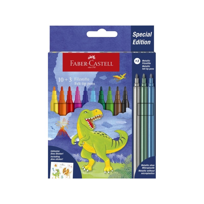 Faber-Castell Dinosaur Edition Confezione da 13 pennarelli colorati - 10 colori classici + 3 colori metallizzati - Inclu