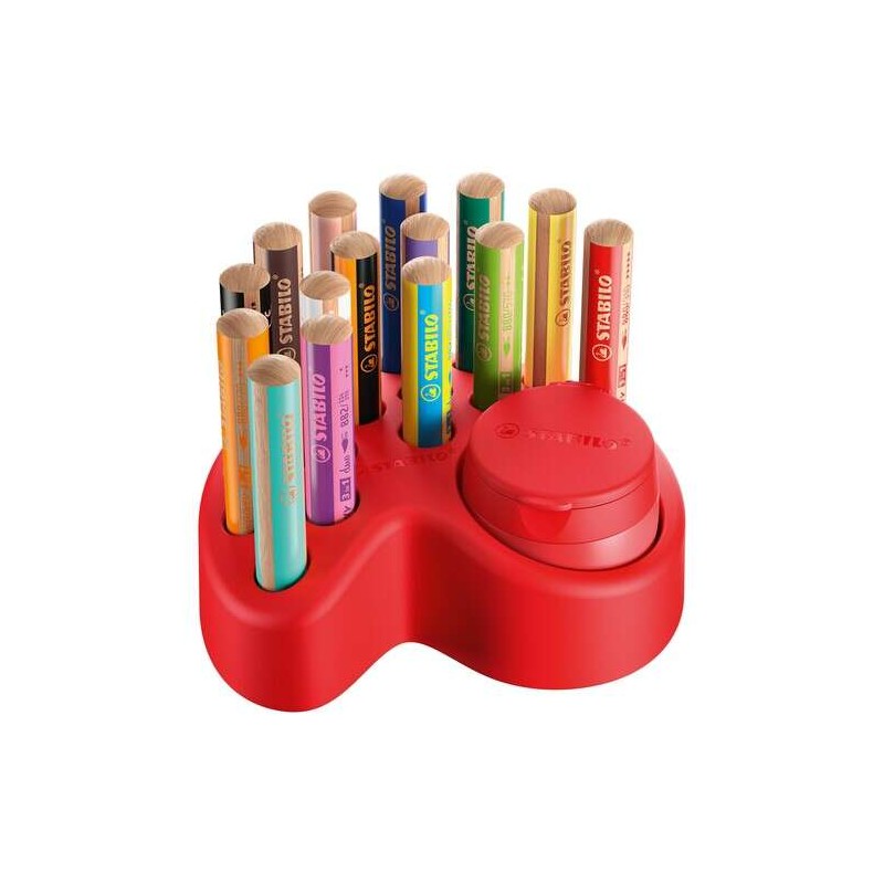 Stabilo Woddy 3 in 1 Set da tavolo 15 matite colorate + temperamatite con contenitore - 10x Woody 3 in 1. 2x Woody 3 in 
