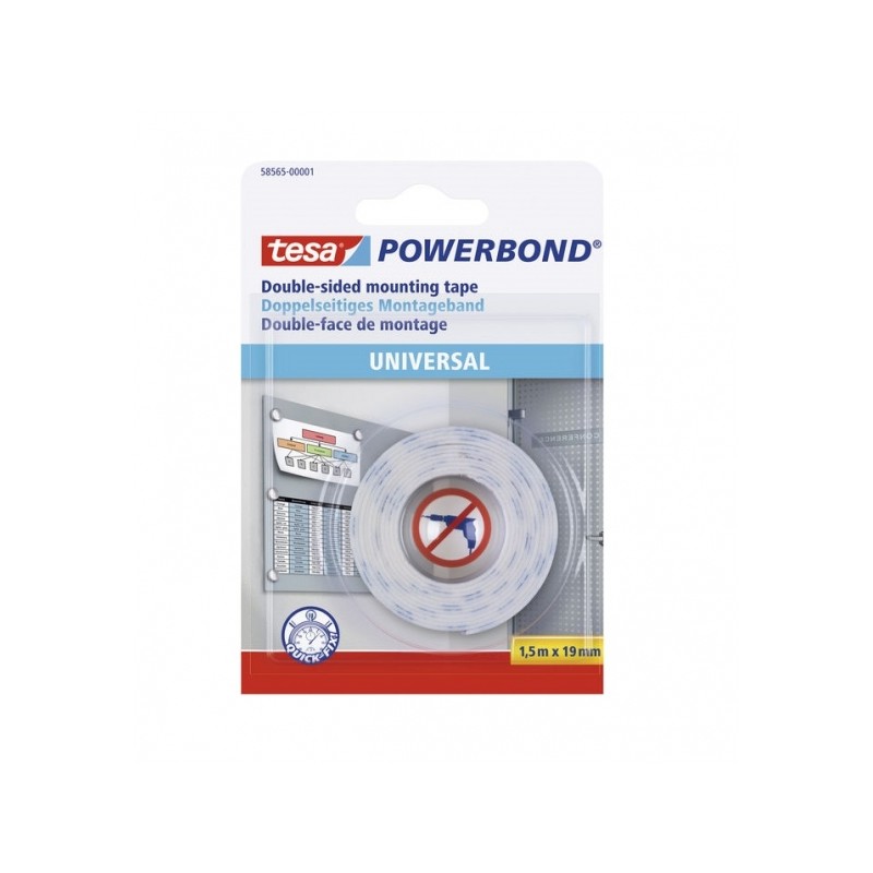 Nastro biadesivo Tesa Powerbond 19 mm x 1.5 metri - Per il fissaggio rapido e sicuro di oggetti piatti e leggeri - Bianc