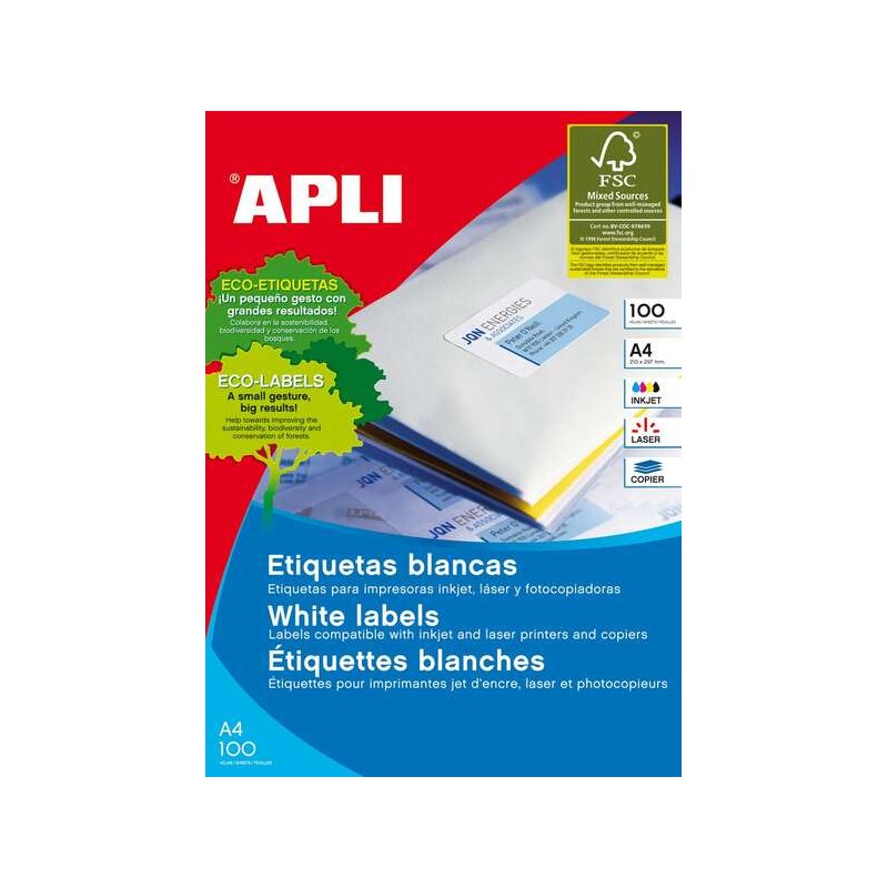 Apli Confezione da 100 etichette permanenti - Formato 210 x 297 mm - Multiuso - Colore bianco