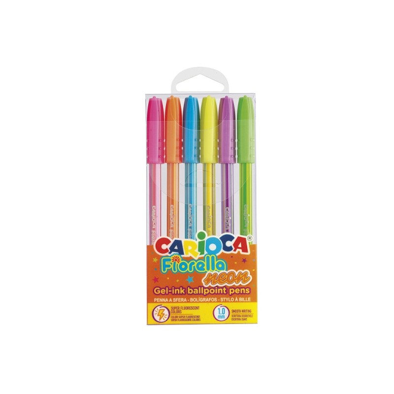 Carioca Fiorella Neon 6 confezioni di penne gel colorate - Punta a sfera 1 mm - Fusto trasparente fluo - Colori neon ass