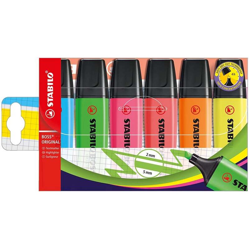 Stabilo Boss 70 Confezione da 6 evidenziatori - Linea da 2 a 5 mm - Ricaricabili - Inchiostro a base d'acqua - Colori as