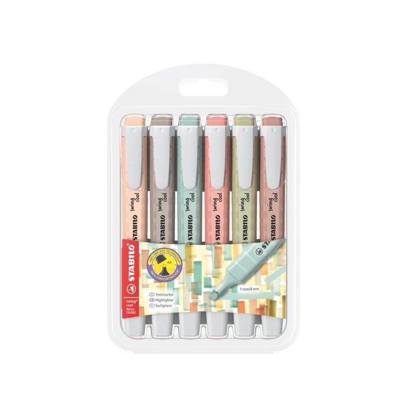 Stabilo Swing Cool Naturecolors confezione da 6 pennarelli fluorescenti - Corpo piatto - Punta smussata - Linea da 1 a 4