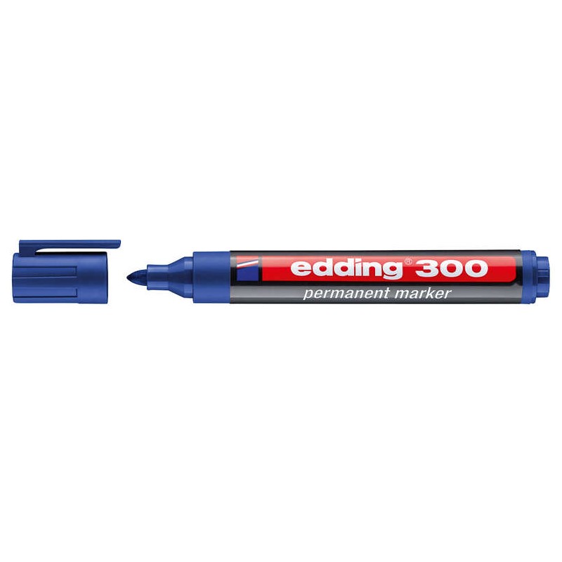 Marcatore permanente Edding 300 - Punta rotonda - Linea da 1.5 a 3 mm. - Inchiostro quasi inodore - Cappuccio con clip -
