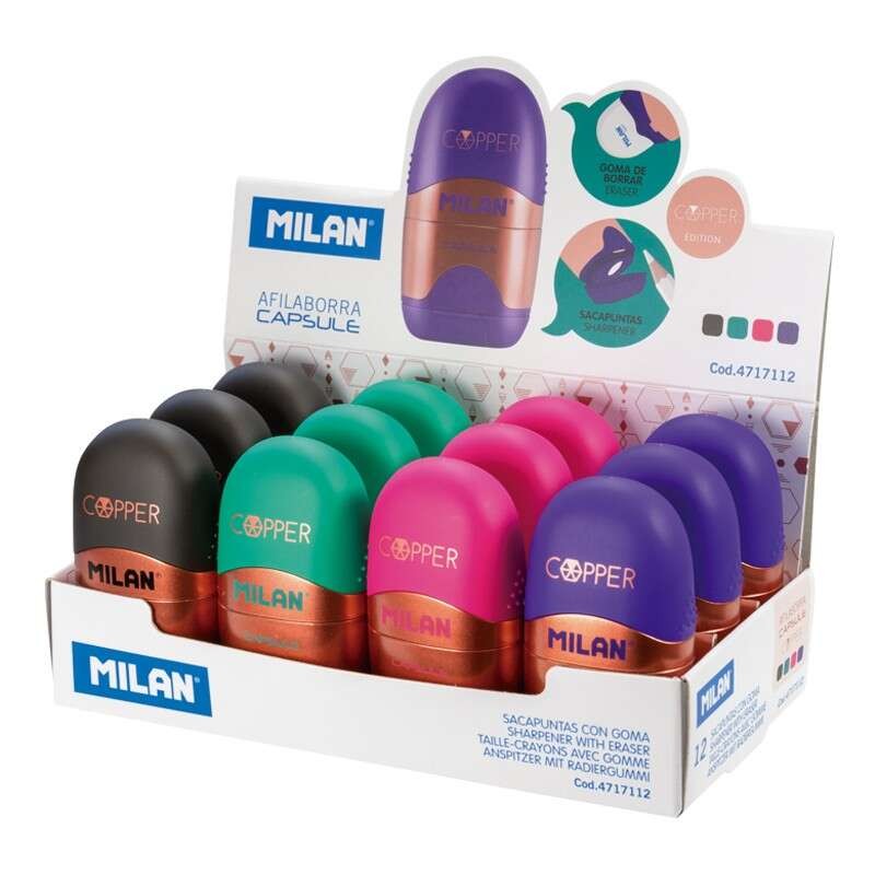 Milan Capsule Copper Display di 12 affilatori - Lama in acciaio - Gommino - Lama di sicurezza - Colori assortiti