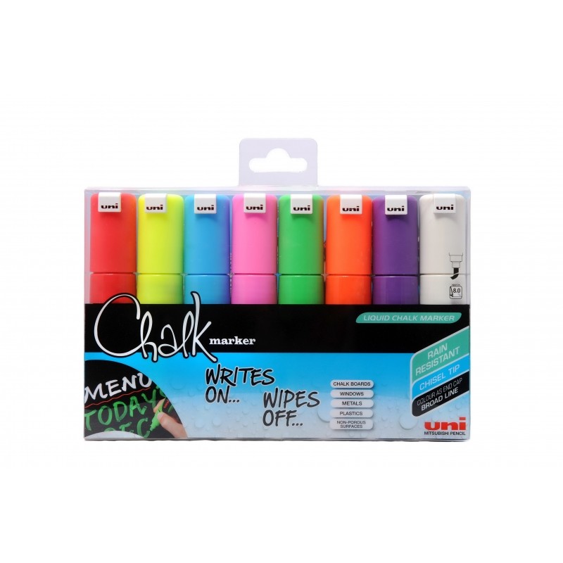 Uni-ball Chalk PWE-8K Confezione da 8 pennarelli a gesso liquido - punta smussata 8 mm - cancellabili a umido - resisten