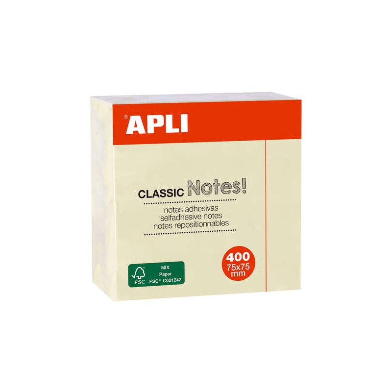 Apli Sticky Notes Classic 75x75mm - Cubo di 400 fogli - Appunti di qualità - Facili da staccare - Giallo