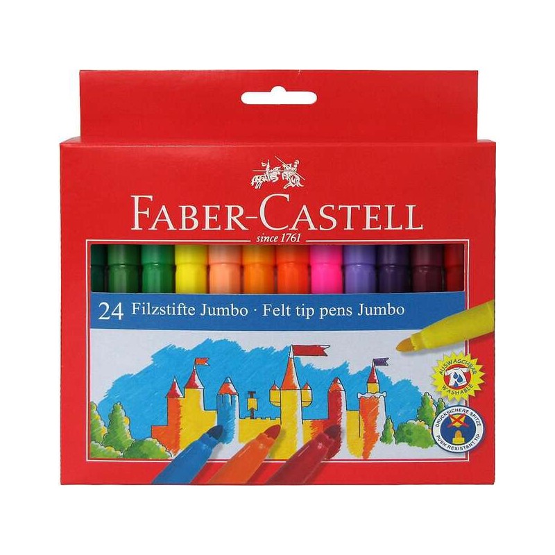 Confezione Jumbo di 24 pennarelli a punta spessa Faber-Castell - Inchiostro lavabile a base d'acqua - Colori assortiti