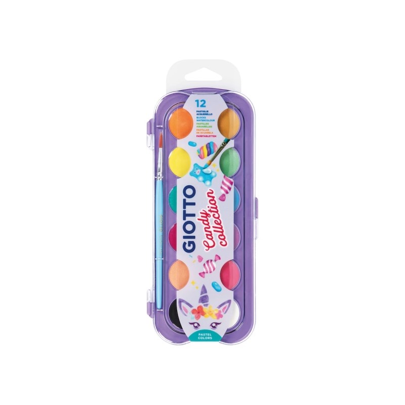 Giotto Candy Collection Set di 12 acquerelli da 30 mm + pennello - Colori brillanti. intensi e vivaci - Alta copertura -