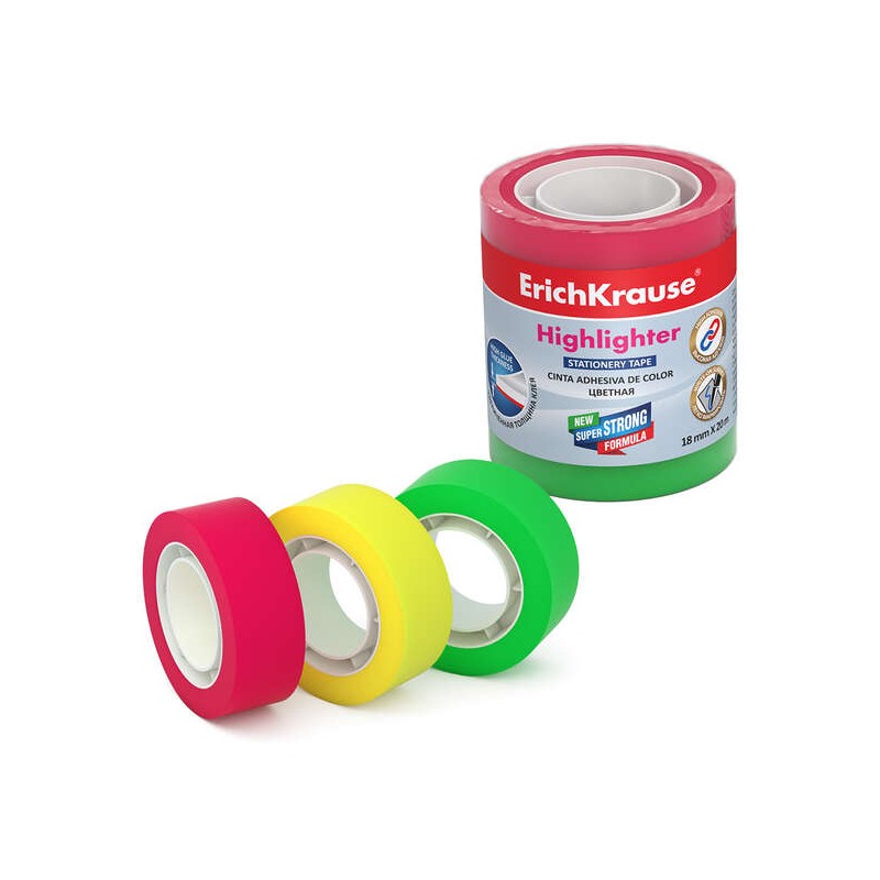 Erichkrause Hightlighter Confezione da 3 nastri adesivi - Dimensioni 18mmx20m - Colori giallo. verde e rosa fluorescente