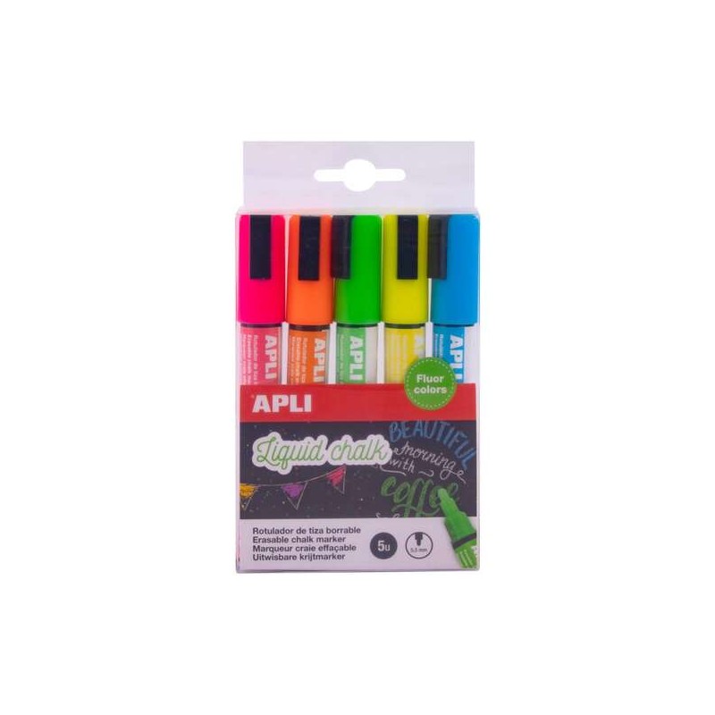 Apli Confezione da 5 pennarelli a gesso liquido punta tonda - punta da 5.5 mm - asciugatura rapida - colori assortiti