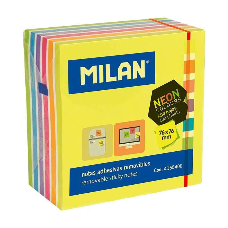 Milan Blocco di 400 note adesive neon - rimovibili - 76 mm x 76 mm - colori assortiti