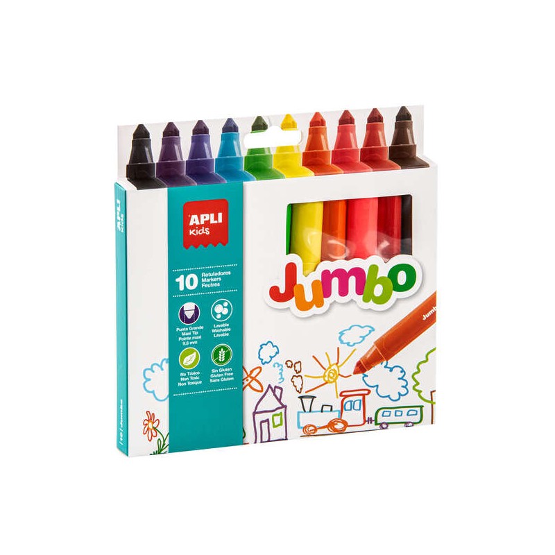 Apli Kids Pennarelli triangolari Jumbo - Ø 16.7x140 mm - Punta Maxi Bloccata Ø 9.6 mm - Colori Assortiti - Lavabili e 