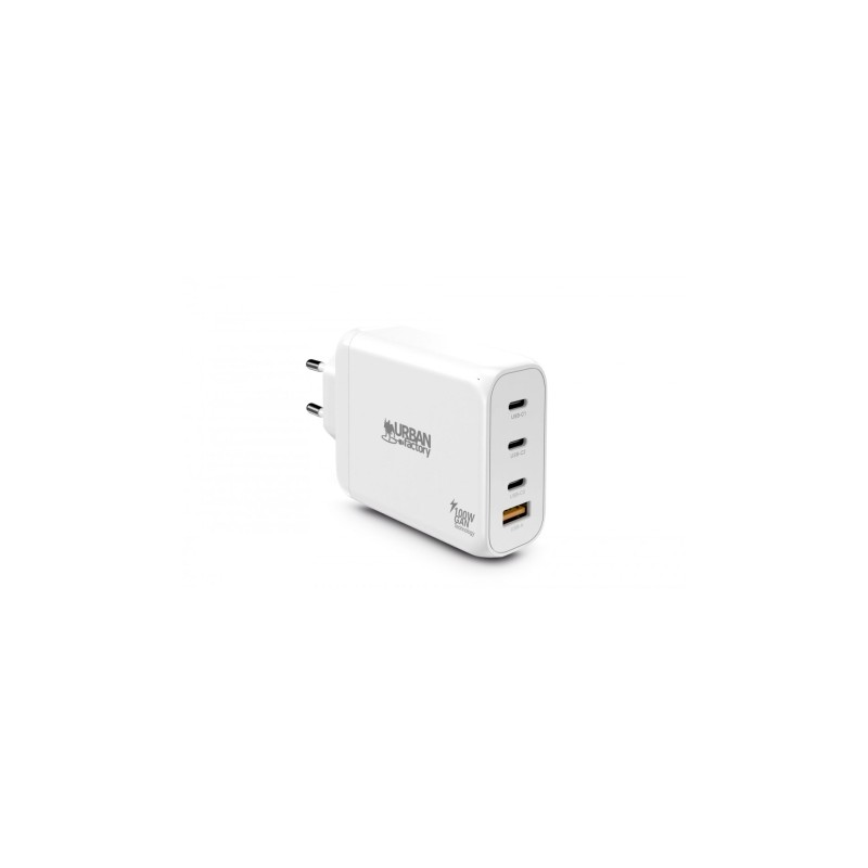 Urban Factory Powee 100W USB-C GaN Charger - 3 porte USB-C da 65W + 1 porta USB-A da 18W - Ricarica rapida - Bianco - Co