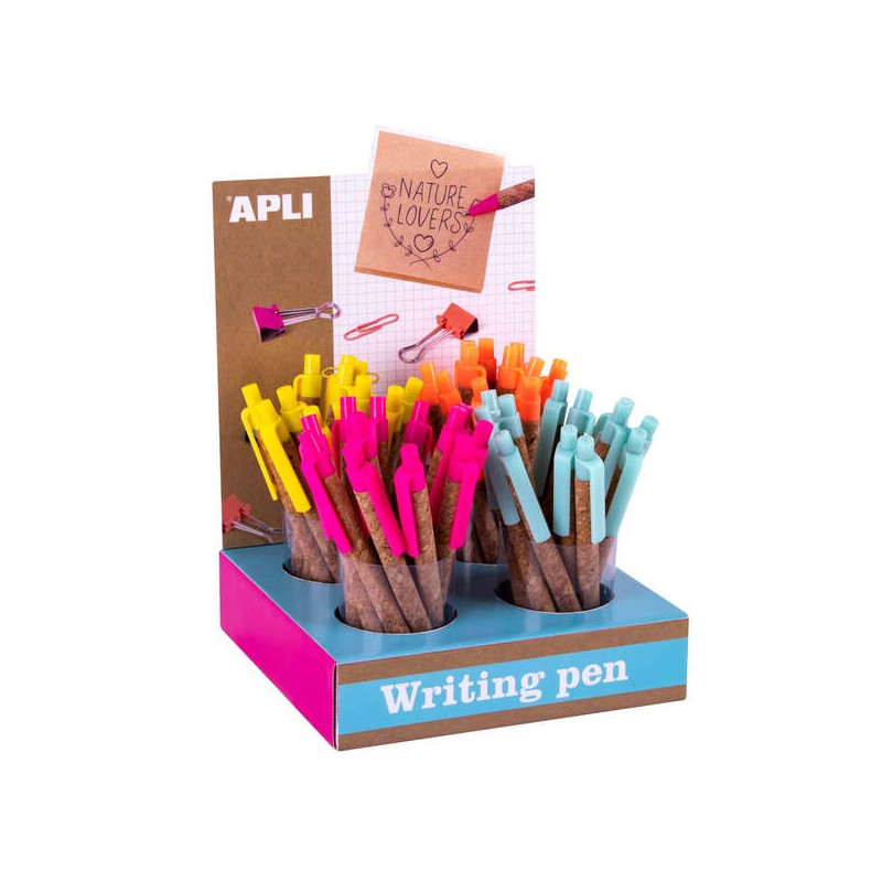 Apli Fluor Collection Metal Cork Pen Display - Corpo in sughero - 48 penne con inchiostro a base d'olio e punta da 1 mm 