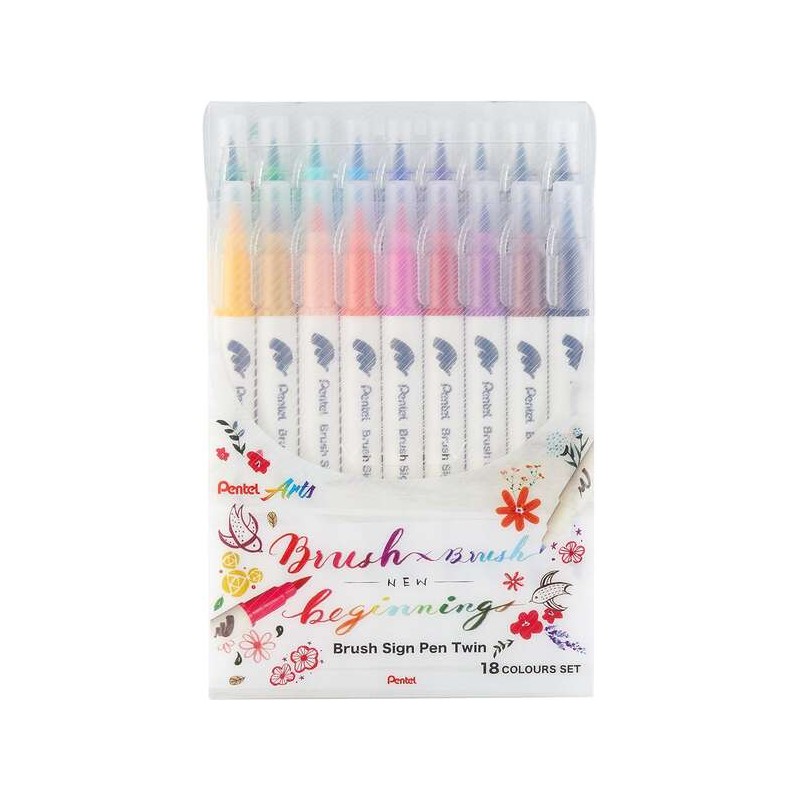 Pentel Brush Sing Pen Confezione doppia da 18 penne con doppia punta flessibile - Punta larga 1-4 mm. punta fine 0.2-2 m
