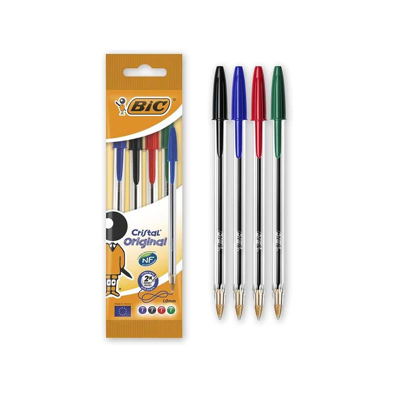 Penne a sfera Bic Cristal Original 4 Pack - Punta tonda da 1.0 mm - Tratto 0.4 mm - Inchiostro a base d'olio - Colori as