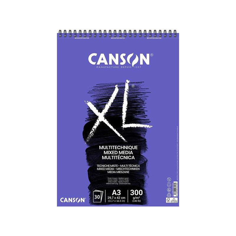 Canson Xl Mix Media Watercolour Sketchpad 30 fogli A3 - Grana strutturata - Rilegato a spirale microperforata - 21x29.7c
