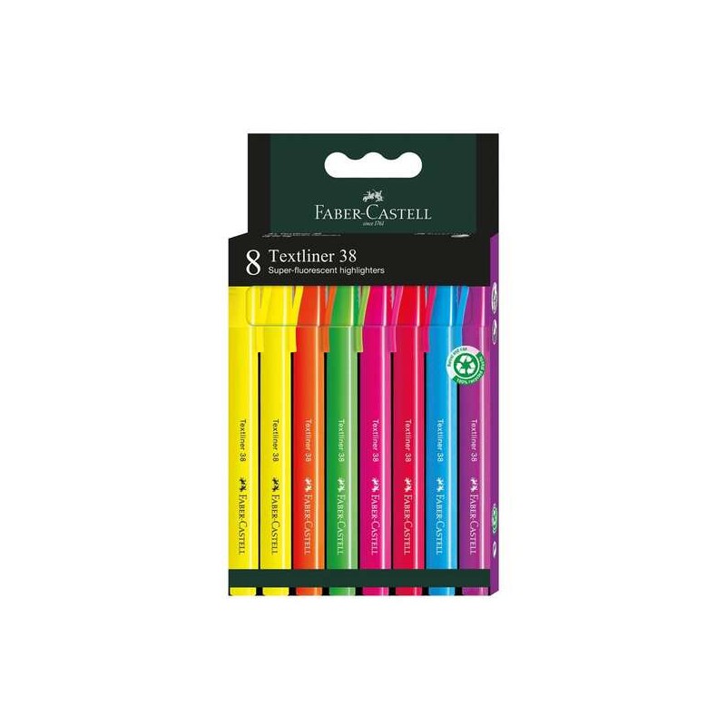 Faber-Castell Textliner 38 Confezione da 8 evidenziatori - Corpo sottile - Punta smussata - Linea spessa e sottile - Inc