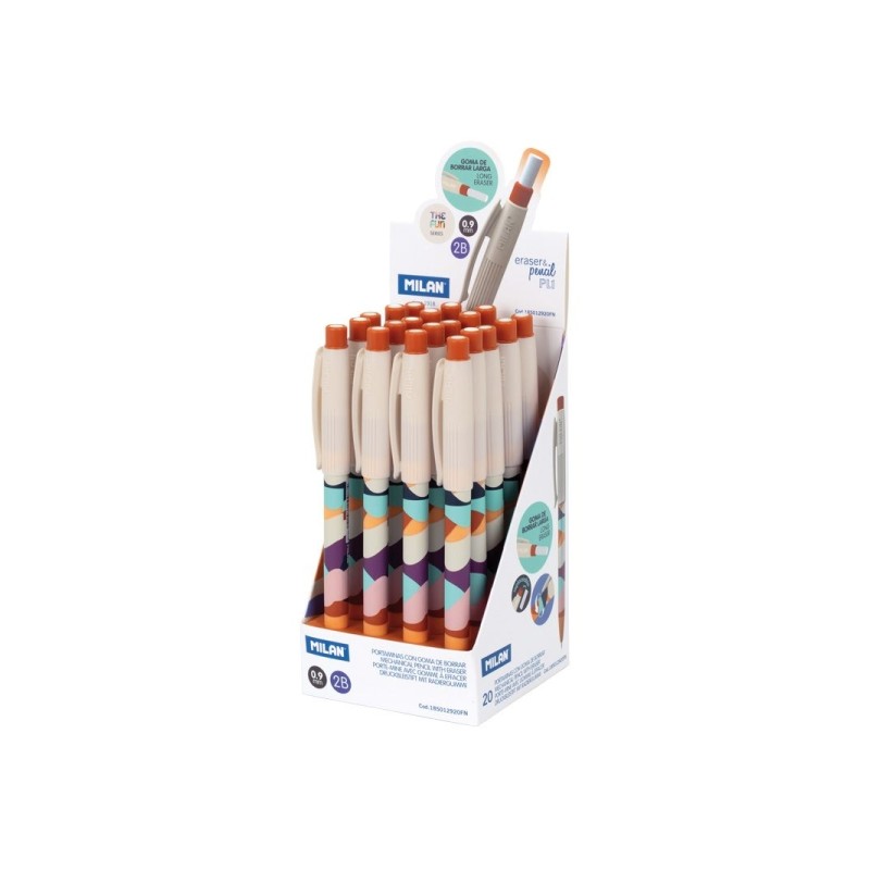 Milan The Fun Display da 20 matite meccaniche EraserePencil PL1 0.9mm 2B - Gomma extra-lunga con meccanismo rotante