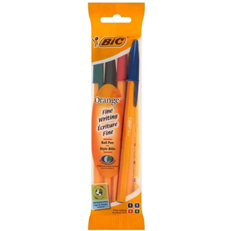 Bic Orange Original Fine Confezione da 4 penne a sfera - Punta tonda da 0.8 mm - Tratto 0.3 mm - Inchiostro a base di ol