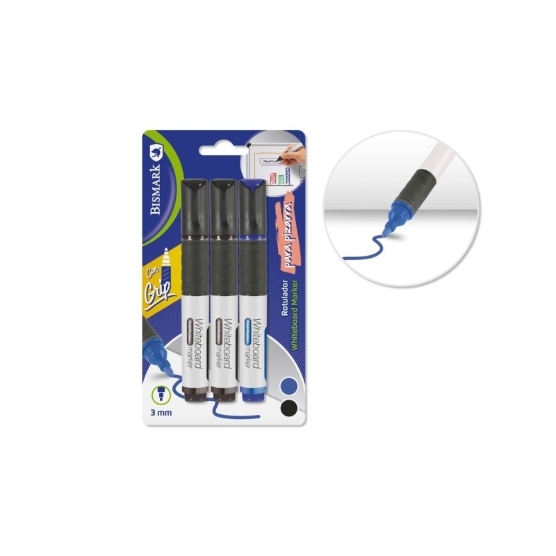 Bismark Confezione da 3 pennarelli per lavagna bianca con impugnatura - Punta tonda 3 mm - Colori nero e blu