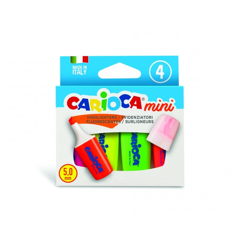 Carioca Minilight Confezione da 4 sottolineatori - Punta smussata da 5 mm - Lucidi e lavabili - Inchiostro a base d'acqu
