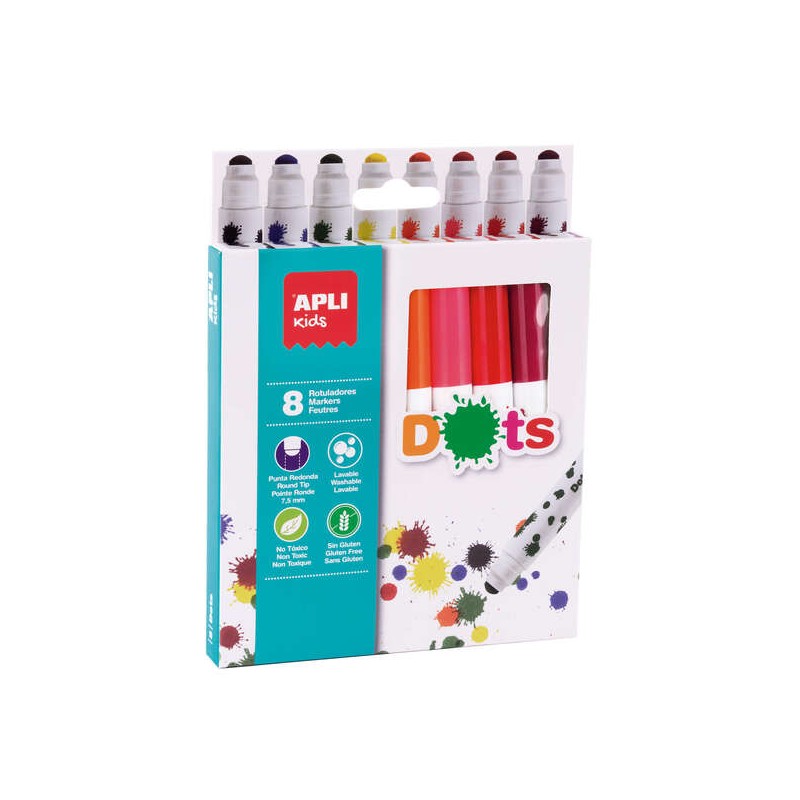 Apli Kids Dots Confezione da 8 matite a punta tonda Ø 7.5 mm - Facilmente lavabili - Cappuccio antisoffocamento - Color