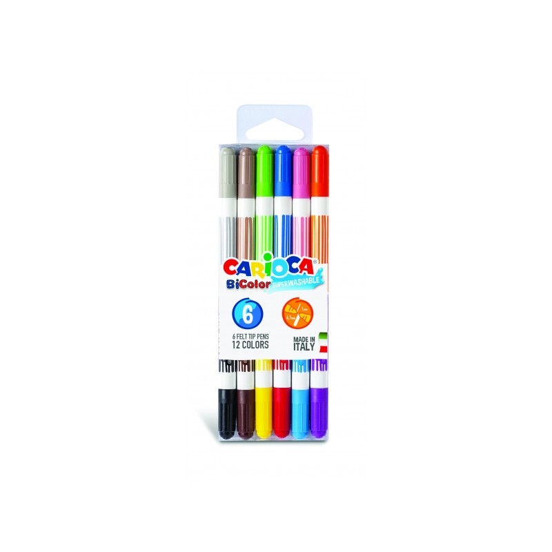 Confezione da 6 colori Carioca Bicolore - Due colori per penna - Inchiostro superlavabile - Punta conica per scrittura a