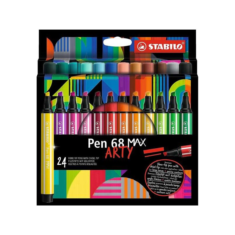 Stabilo Pen 68 MAX Arty Confezione da 24 penne - Punta in fibra smussata - Larghezza del tratto circa 1-5 mm - Inchiostr