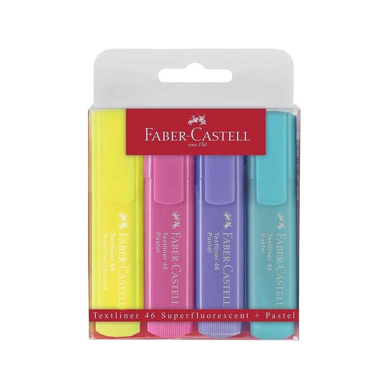 Faber-Castell Textliner 46 Pastello Confezione da 4 pennarelli fluorescenti - Punta smussata - Linea da 1 mm a 5 mm - In