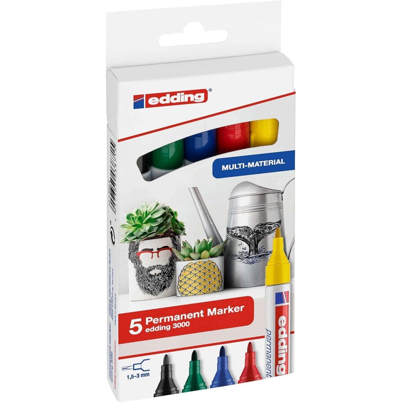Edding 3000 Confezione da 5 pennarelli permanenti - Rotondi da 1.5 mm - Linea da 1.5 a 3 mm - Ricaricabili - Asciugatura