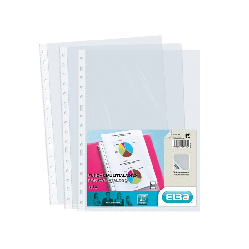 Elba Confezione da 10 maniche Multidrill PP 90 Micron - Formato Folio - Finitura pelle arancione - Trasparente