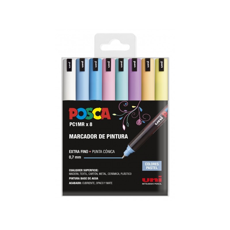 Posca PC1MR Confezione da 8 pennarelli - Punta a rullo in fibra da 0.7 mm - Inchiostro pigmentato a base d'acqua - Resis