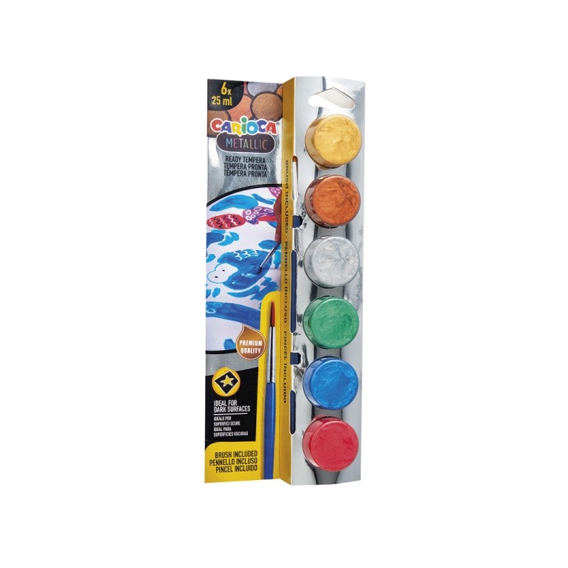 Carioca Metallic Confezione da 6 tempere in flaconi da 25 ml + pennello - Super lavabili - miscelabili - Colori metalliz